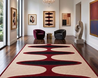 Alfombra de lana tejida a mano, alfombra abstracta en rojo, negro y crema, alfombra moderna para sala de estar, decoración contemporánea de diseño para el hogar, pelo cortado de altura variable.