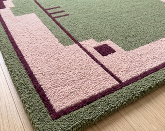 Alfombra geométrica tejida a mano, alfombra abstracta moderna, alfombra verde, morada y rosa, decoración contemporánea para sala de estar.