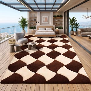 Modern Brown Cream Geometric Area Rug, Wavy Checkered Carpet, Abstract Plush Living Room Rug, Mid Century Home Decor