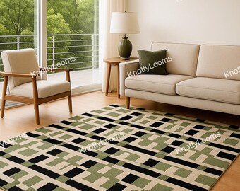 Handmade Green Black Geometric Rug, Modern Abstract Area Carpet, Luxury Wool Floor Rug for Living Room Bedroom Home Decor