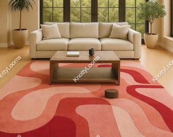 Tappeto moderno astratto ondulato, tappeto irregolare rosa e rosso, tappeto contemporaneo per soggiorno, morbido tappeto trapuntato di grande effetto per il pavimento