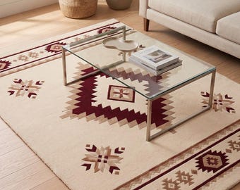 Hand Tufted Handmade Wool Rug, Southwestern Tribal Area Rug, Cream Red Geometric Carpet, Boho Living Room Rug, Artisan Home Decor