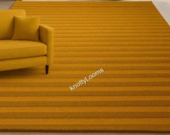 Mustard Yellow Striped Area Rug Modern Minimalist Carpet for Living Room Bedroom Handwoven Look Contemporary Floor Rug Home Decor