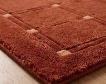 Hand Tufted Wool Rug, Modern Grid Area Rug, Rust Brown Contemporary Carpet, Luxury Living Room Rug, Custom Handmade Wool Rug Loop Cut Pile
