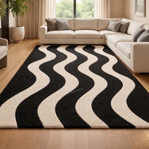 Alfombra abstracta ondulada en blanco y negro, alfombra moderna de líneas curvas, decoración minimalista para sala de estar, alfombra de pelo largo contemporánea.