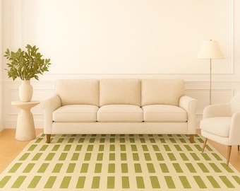 Geometric Beige and Green Rug | Contemporary Handcrafted Area Carpet | Minimalist Rectangular Design | Living Room & Bedroom Decor Floor Rug