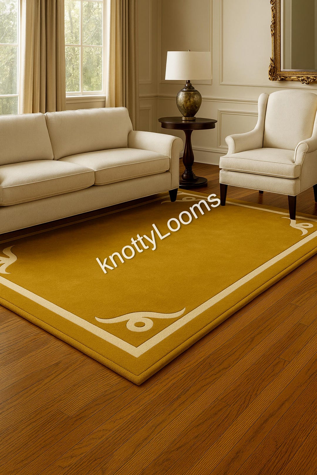 Bordered Wool Rug Mustard Yellow Bordered Wool Rug, Minimal Solid Area Carpet With Beige ...