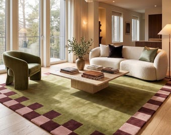 Hand Tufted Wool Rug, Olive Green Checkered Border, Modern Contemporary Carpet