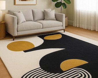 Hand Tufted Wool Rug, Black Ivory Abstract Area Carpet, Modern Geometric Home Decor