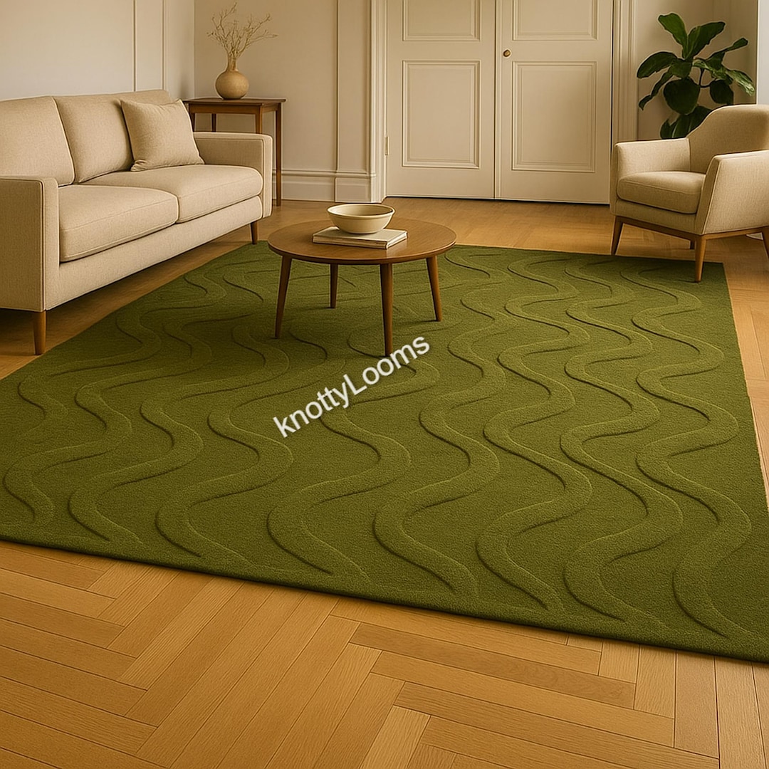 Modern Olive Green Geometric Rug | 3D Carved Wave Design | Hand-tufted ...