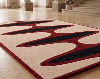 Hand Tufted  Wool Rug, Red Black Cream Abstract Area Rug, Modern Living Room Carpet, Contemporary Designer Home Decor High Low Cut Pile