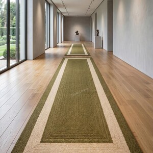 Olive Green Beige Jute Runner Rug Handwoven Bordered Long Hallway Carpet Natural Fiber Minimalist Entryway Living Room Decor Rug