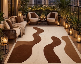 Modern Beige Brown Abstract Area Rug, Wave Pattern Carpet, Neutral Living Room Rug, Contemporary Bedroom Floor Decor Soft Rug
