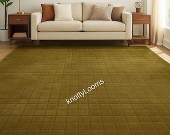 Hand Tufted Wool Rug, Olive Green Modern Grid Area Rug, Living Room Carpet