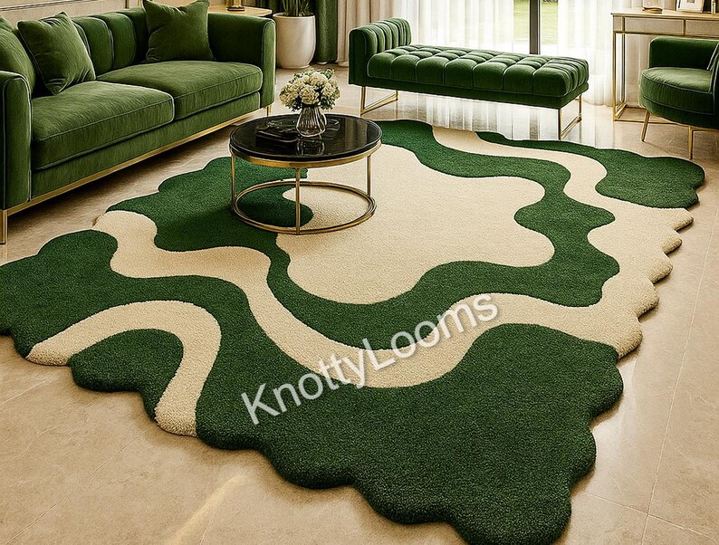 Modern Abstract Green Beige Rug, Hand Tufted Wavy Pattern Carpet ...