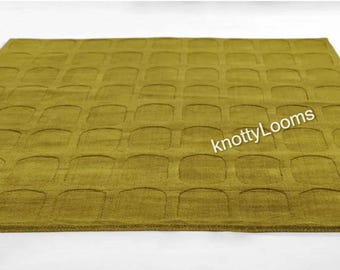 Hand-Tufted Wool Rug, Olive Green Geometric Carpet, Mid-Century Modern Living Room Decor