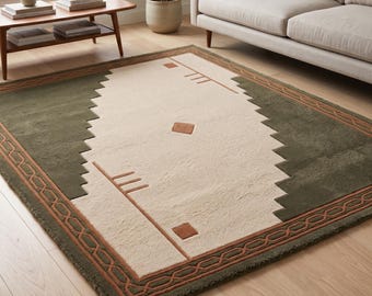 Alfombra de lana tejida a mano, alfombra geométrica, alfombra verde oliva crema, alfombra de diseño tribal moderno, alfombra de tamaño personalizado para sala de estar