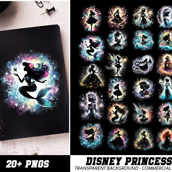 23 Designs Princess Png Bundle, Silhouette Cartoon Png, Cartoon Clip Art Sublimation, Digital Download, Commercial Use