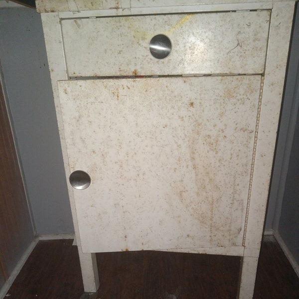 Vintage metal medical cabinet on wheels, metal storage cabinet