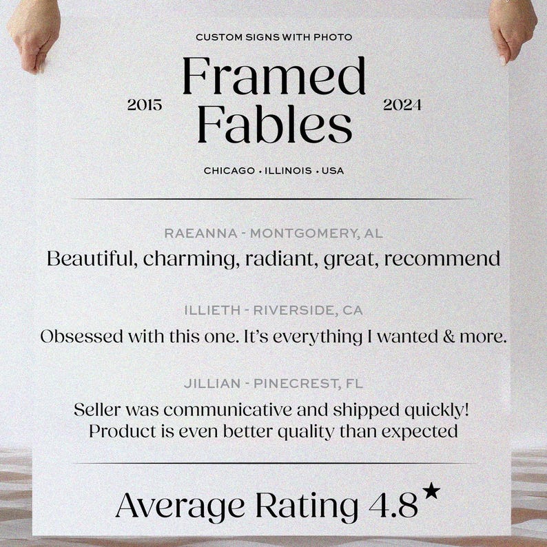 Puede incluir: Un letrero rectangular blanco con el texto negro CUSTOM SIGNS WITH PHOTO, Framed Fables, 2015, 2024, CHICAGO, ILLINOIS, USA, y rese&ntilde;as de clientes de Raeanna, Illieth y Jillian, terminando con Average Rating 4.8 y un s&iacute;mbolo de estrella.