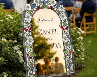 Floral Stained Glass Wedding Sign, Arched Garden Vine Wedding Welcome Sign, Printed Wedding Sign in Mirror Or Acrylic
