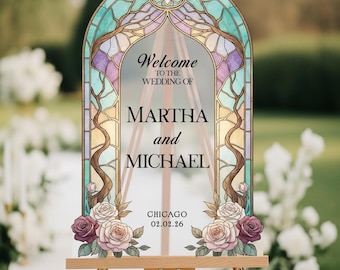 Floral Stained Glass Wedding Signs, Roses Wedding Welcome Sign,  Welcome To The Wedding Of Signs, Printed Frosted Or Mirror Wedding Signage