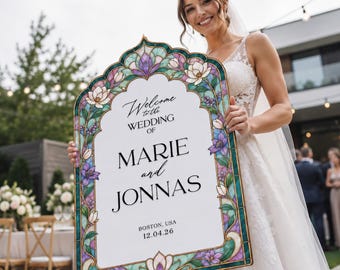 Floral Wedding Sign, Purple and Green Wedding Welcome Sign, Printed Acrylic Wedding Entrance Sign
