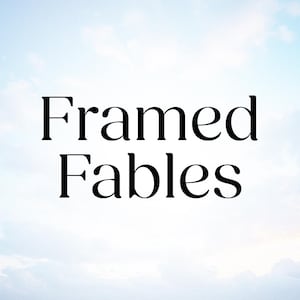May include: Framed Fables text on a light blue background with white clouds.