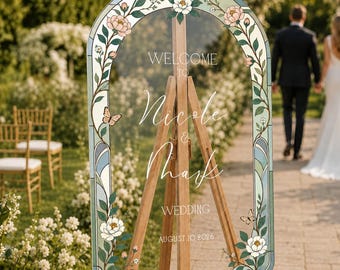 Sage Green Wedding Sign, Custom Floral Wedding Welcome Sign, Roses Stained Glass Wedding Decorations