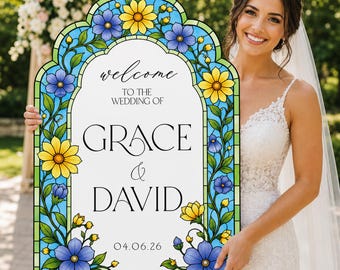 Sunflower Wedding Welcome Sign, Blue Floral Wedding Sign, Custom Wedding Entrance Sign, Printed Wedding Signs in Mirror Or Acrylic
