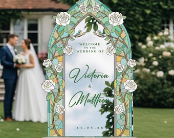 Roses Wedding Welcome Sign, Floral Stained Glass Wedding Sign, Welcome To Wedding Mirror Sign, Printed Wedding Signs