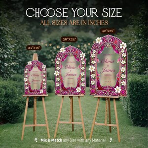 May include: Three arched wedding welcome signs on wooden easels, featuring a magenta stained-glass pattern with white floral accents. Text reads: CHOOSE YOUR SIZE, ALL SIZES ARE IN INCHES, WELCOME TO Olivia & James WEDDING. Sizes: 24x16, 36x24, 42x28.