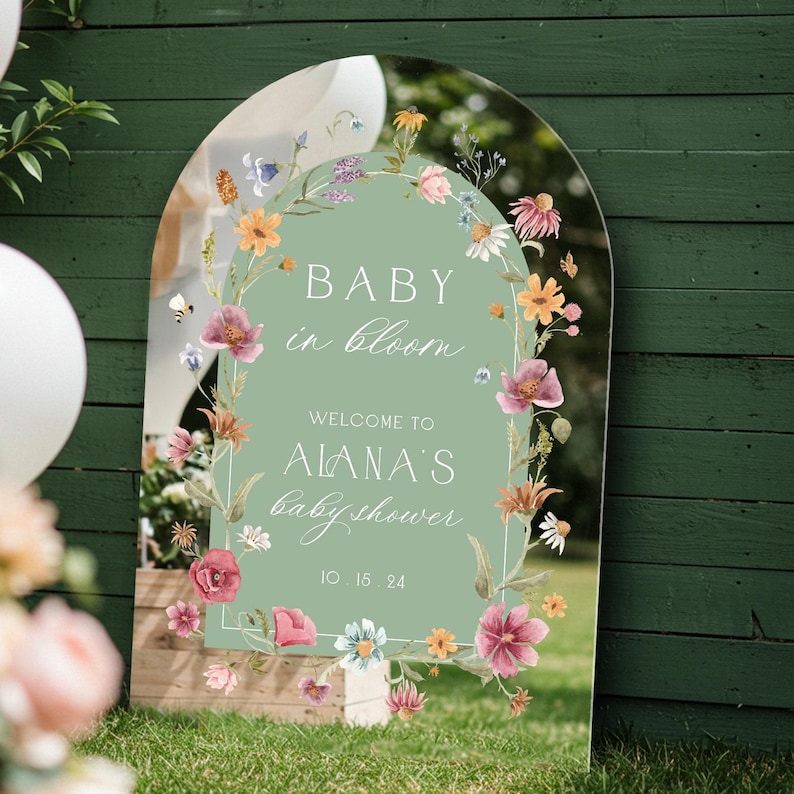 Personalized Wildflower Baby Shower Welcome Sign, Baby In Bloom Silver Mirror