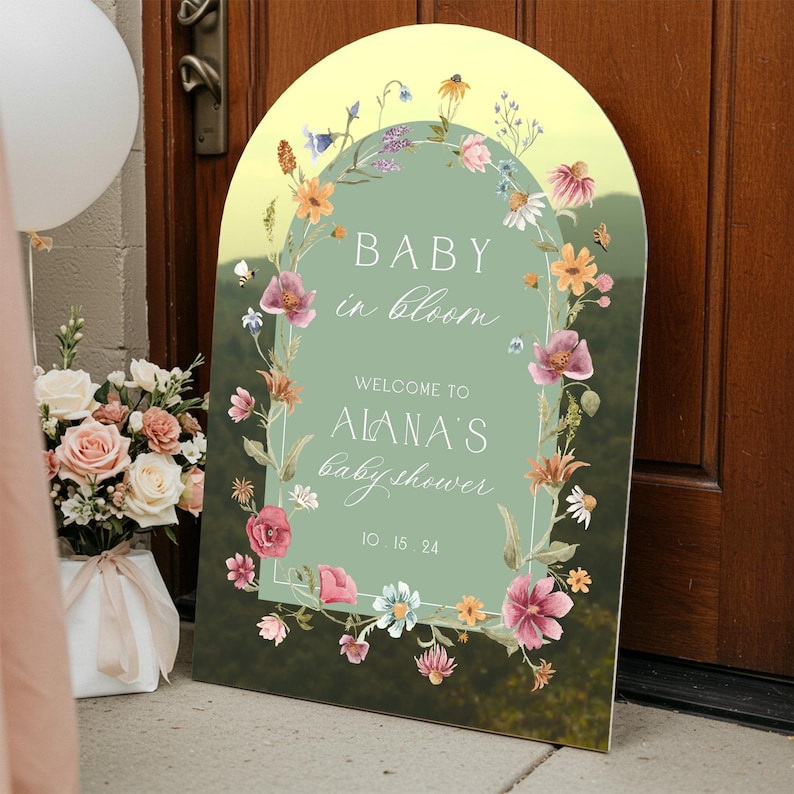 Personalized Wildflower Baby Shower Welcome Sign, Baby In Bloom Gold Mirror