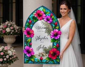 Floral Wedding Sign, Hibiscus Wedding Welcome Sign, Mirror Wedding Entrance Sign, Custom Wedding Signs