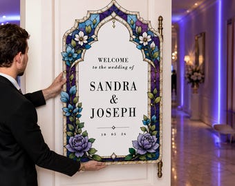 Purple Wedding Welcome Sign, Blooming Floral Wedding Sign, Printed Garden Wedding Entrance Sign