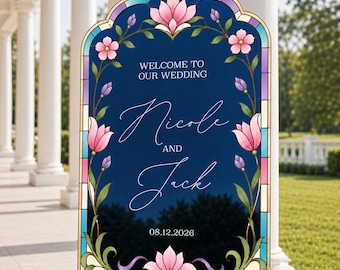 Blue Mirror Wedding Sign, Welcome To Our Wedding Sign, Stained Glass Wedding Welcome Sign, Printed Wedding Entrance Sign