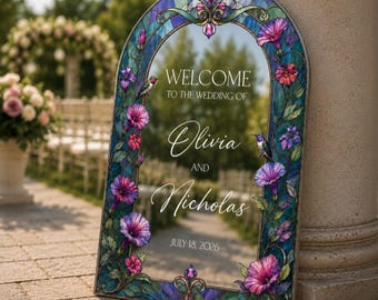 Morning Glory Wedding Sign, Purple Floral Wedding Welcome Sign, Printed Acrylic Wedding Entrance Sign