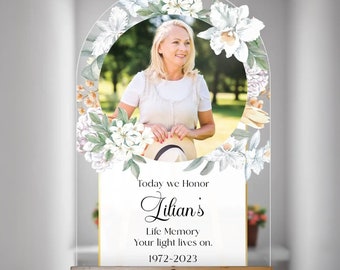 Funeral Welcome Sign with Photo, White Floral Memorial Sign
