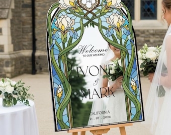 Wedding Welcome Sign, Acrylic Red Floral Wedding Signs, Custom Stained Glass Wedding Signs, Printed Wedding Signage