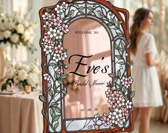 Mirror Bridal Shower Sign, Pink Floral Bridal Shower Welcome Sign, Stained Glass Bridal Entrance Sign, Printed Signs in Mirror Or Acrylic