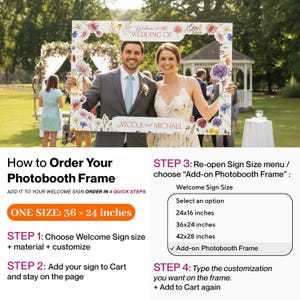 May include: A rectangular photobooth frame featuring a white border decorated with colorful watercolor floral illustrations. The top text reads Welcome to the WEDDING OF and the bottom text displays NICOLE and MICHAEL. The frame measures 36 by 24 inches.