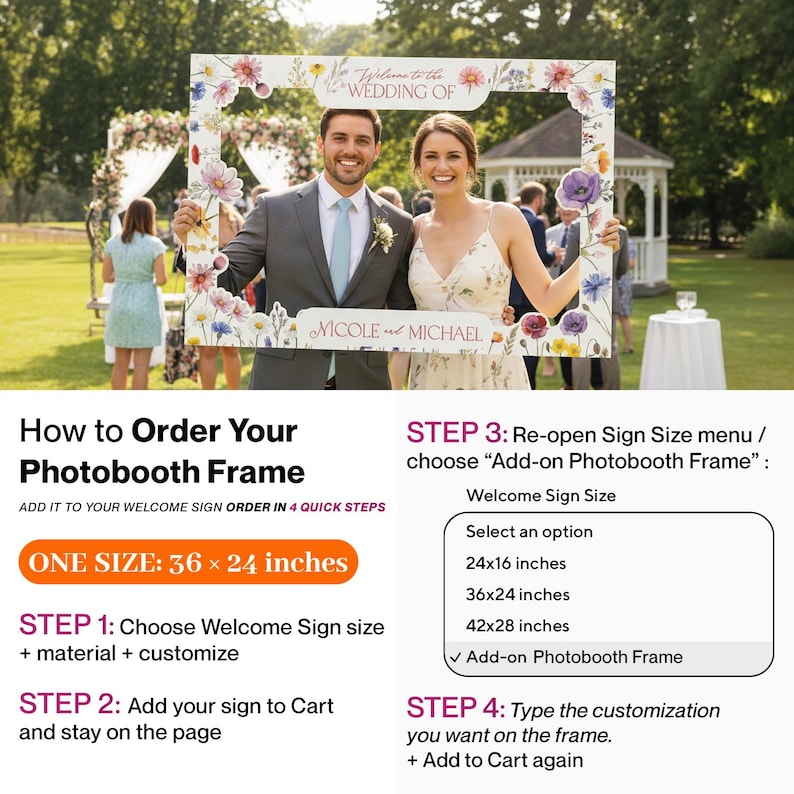 Puede incluir: Un marco rectangular para fotomat&oacute;n con un borde blanco decorado con ilustraciones florales coloridas en acuarela. El texto superior dice Welcome to the WEDDING OF y el texto inferior muestra NICOLE and MICHAEL. El marco mide 91,4 por 61 cm.
