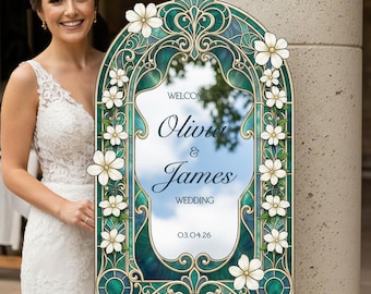Emerald Wedding Welcome Sign, Green Floral Stained Glass Wedding Sign, Welcome To Wedding Sign, Printed Wedding Signs