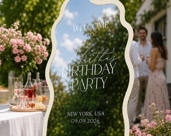 Letrero minimalista de cumpleaños, Letrero de bienvenida a la fiesta de cumpleaños, Letrero acrílico con efecto espejo personalizado para la decoración de fiestas de cumpleaños
