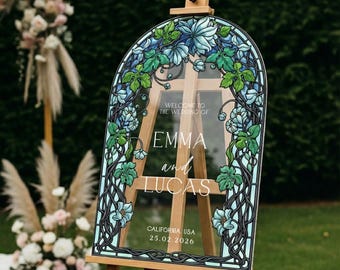 Garden Vine Stained Glass Wedding Sign, Blue Floral Wedding Welcome Sign, Printed Mirror Frosted Or Acrylic Wedding Entrance Sign