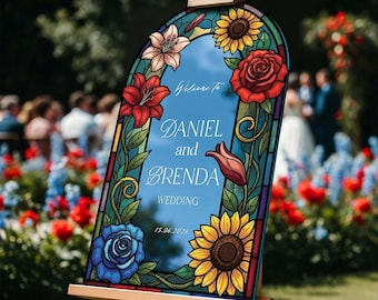 Floral Stained Glass Wedding Sign, Arched Mirror Wedding Welcome Sign, Printed Garden Wedding Sign in Mirrored Or Acrylic