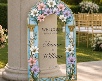 Lilies Wedding Sign, White Lily Wedding Welcome Sign, Floral Welcome To The Wedding Of Signs, Printed Acrylic Wedding Entrance Sign