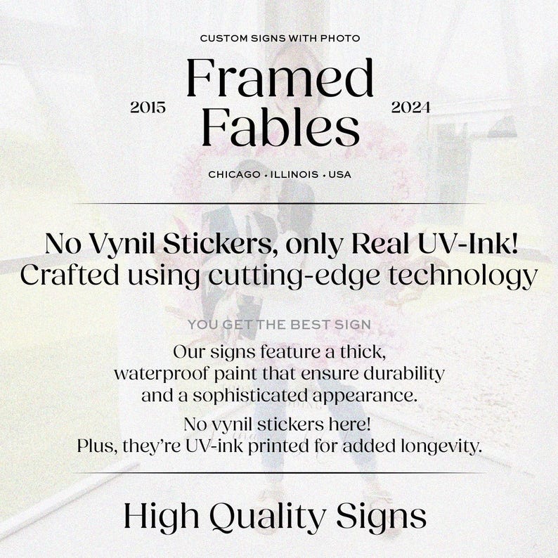 Puede incluir: Un letrero blanco con el texto Framed Fables, 2015-2024, Chicago, Illinois, USA. Dice: No Vynil Stickers, only Real UV-Ink! Crafted using cutting-edge technology. Nuestros letreros cuentan con pintura gruesa, impermeable e impresi&oacute;n UV.