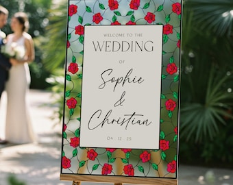Custom Stained Glass Red Roses Wedding Welcome Sign